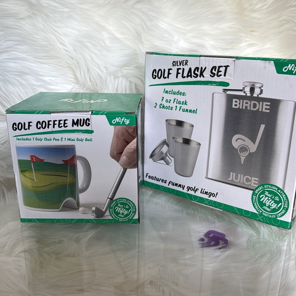 NIFTY Golf Coffee Mug & Silver Golf Flask Set